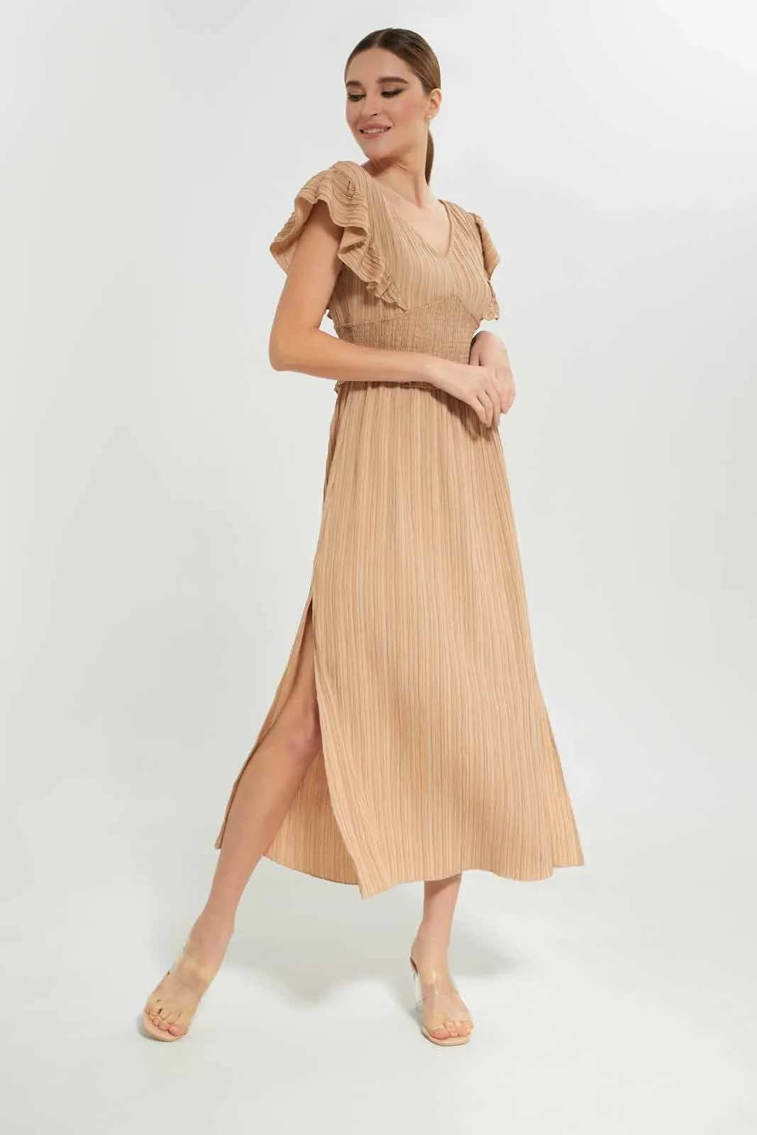 Women Beige Ruffled Dress