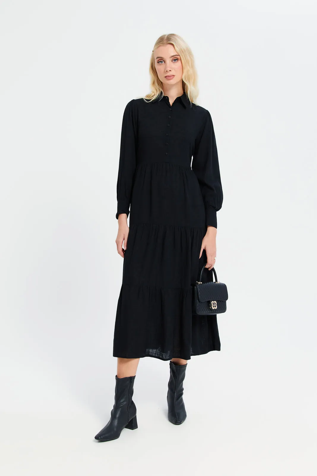 Women Black Shirt Tier Dress