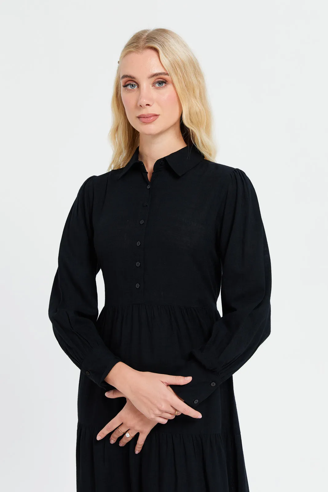 Women Black Shirt Tier Dress