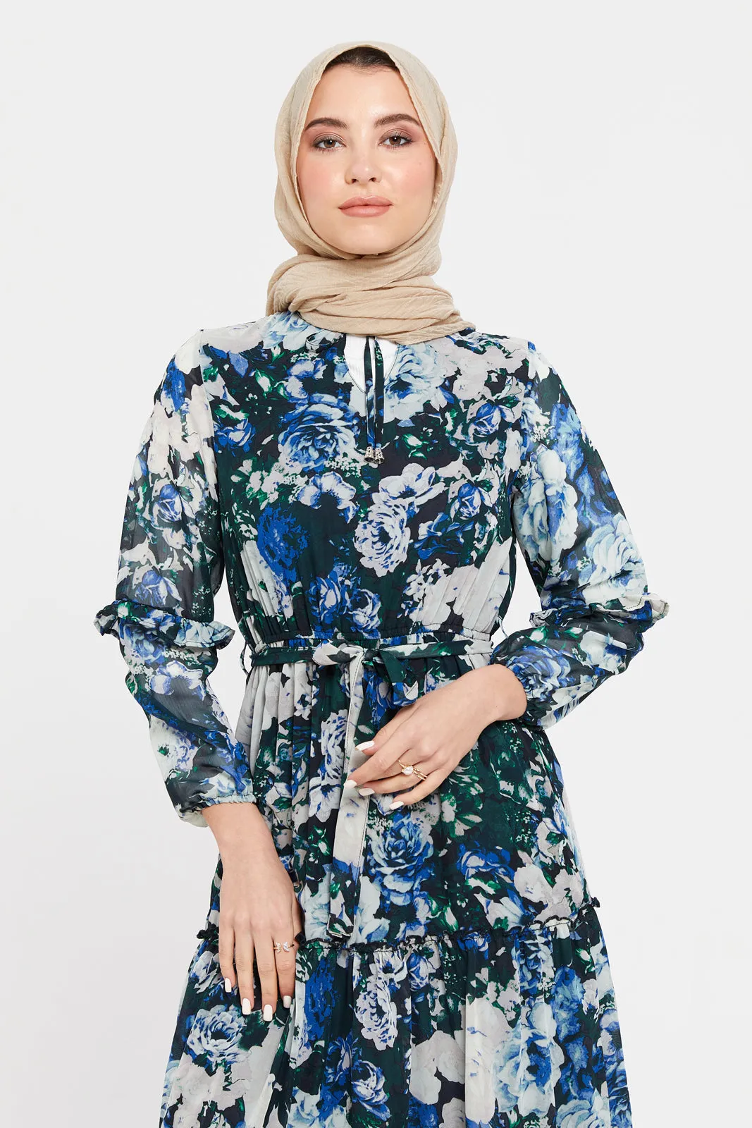 Women Blue Floral Print Maxi Dress Wit Belt