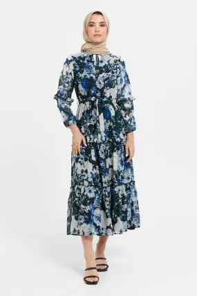 Women Blue Floral Print Maxi Dress Wit Belt