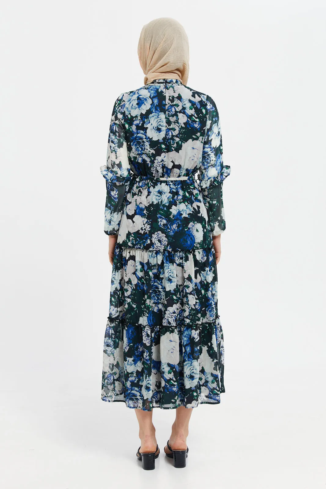 Women Blue Floral Print Maxi Dress Wit Belt