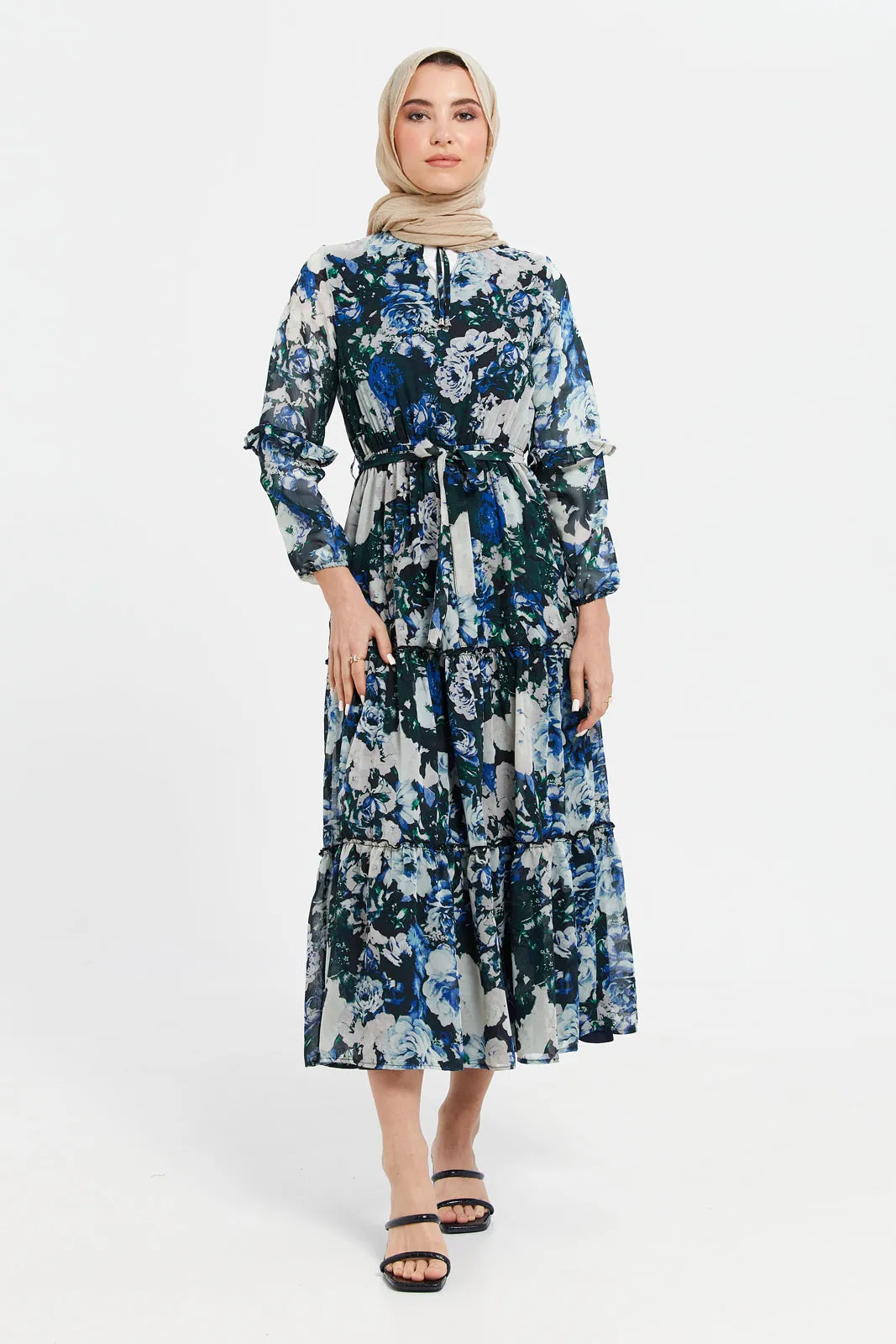 Women Blue Floral Print Maxi Dress Wit Belt