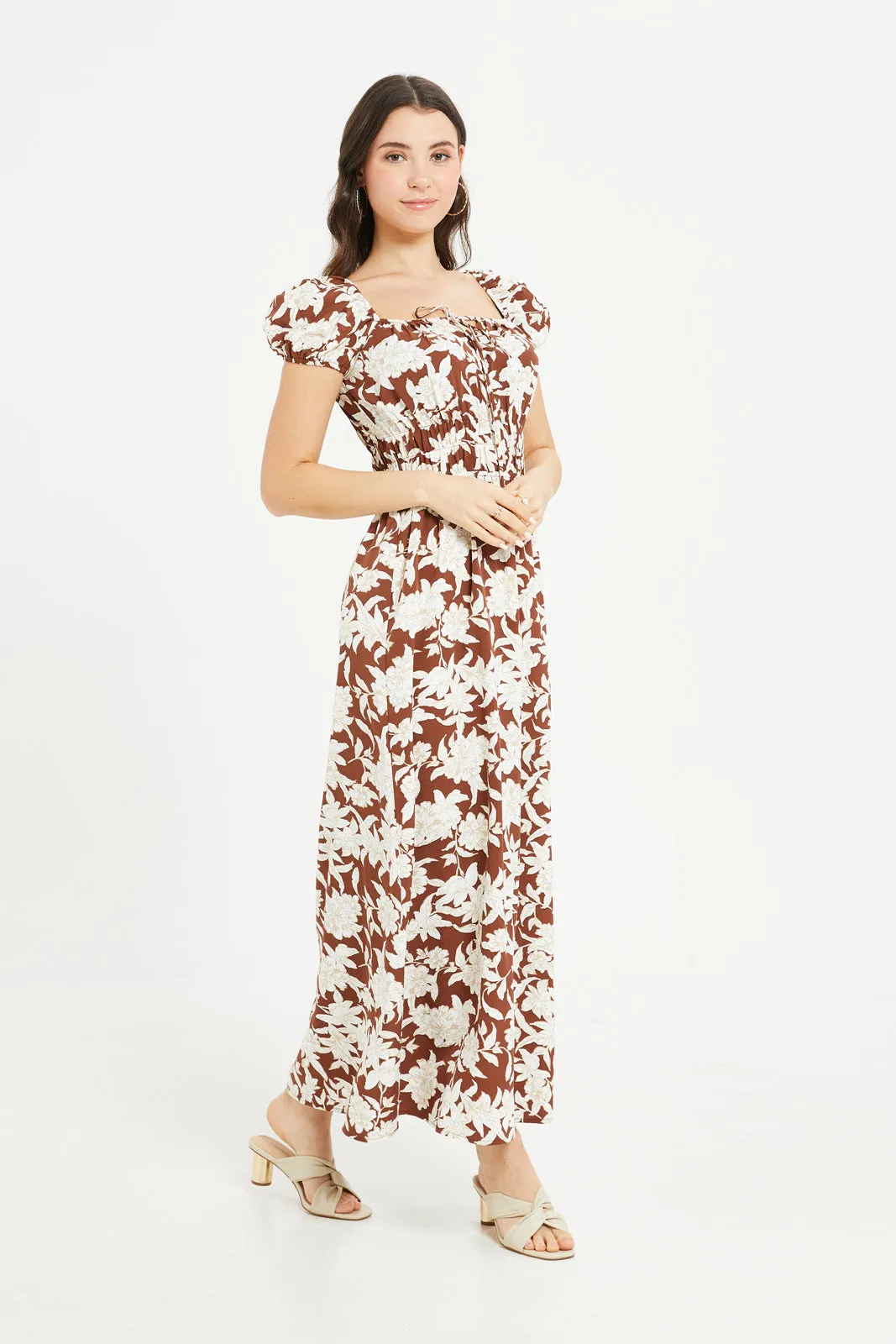 Women Brown And Beige Printed Maxi Dress