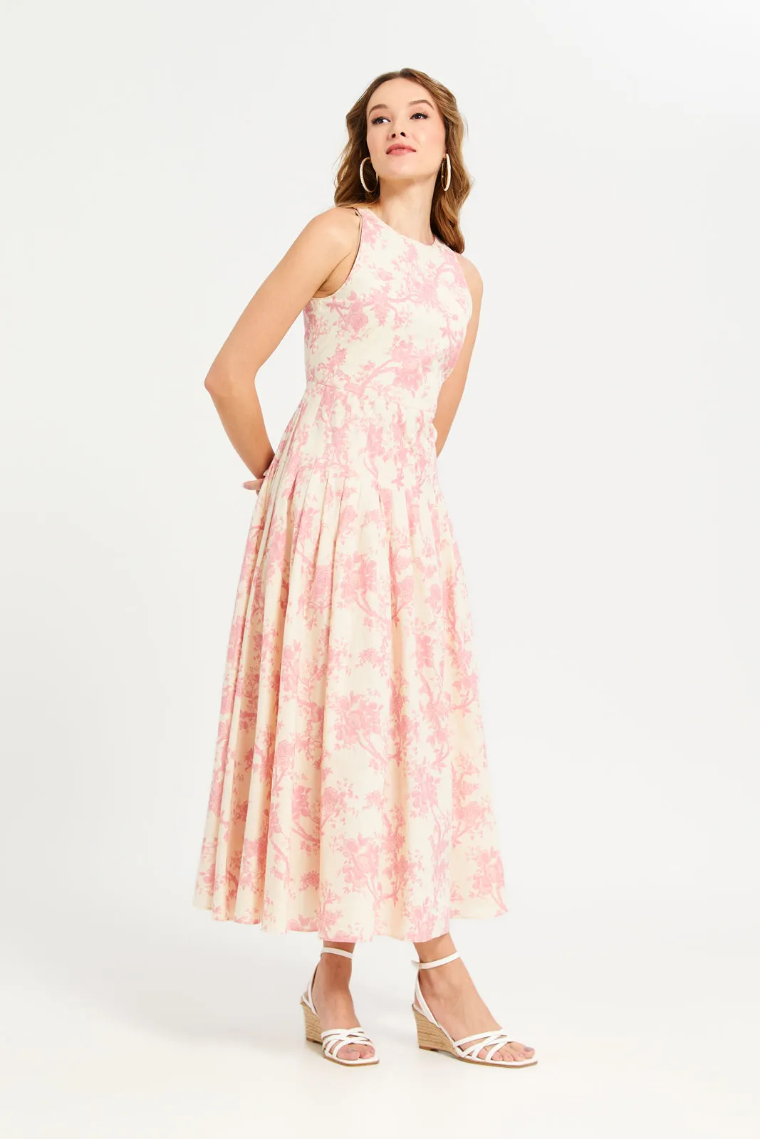 Women Pink Printed Sleeveless Long Dress